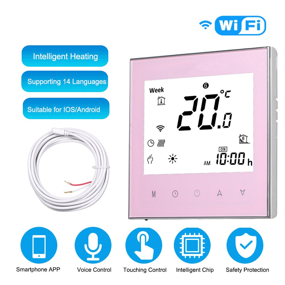 Digital thermostat AC 95-240V with WiFi voice control LCD touch screen for all electric heating systems floor heating thermostat: pink with wifi