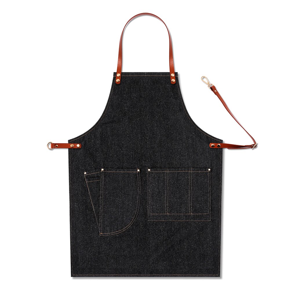 Work Bartender Leather Strap Removable Barista Chef Bib Apron Multi Pocket Casual Denim Uniform Adjustable Baker BBQ: B