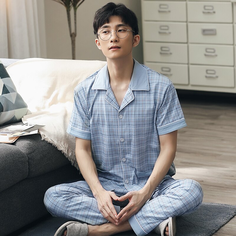 Pijamas de verano para hombre de manga corta con botones, conjunto de Pijamas de algodón para hombre, Conjunto de pijama a cuadros, Conjunto de pijama , trajes de pijama para hombres
