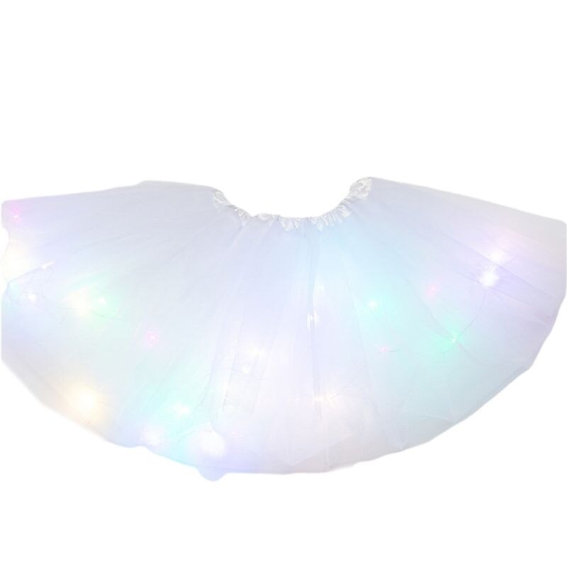B2EB donne ragazze Neon colorato LED balletto danza Tutu gonna a pieghe a strati Tulle illumina luminoso abito corto Costume da festa: White