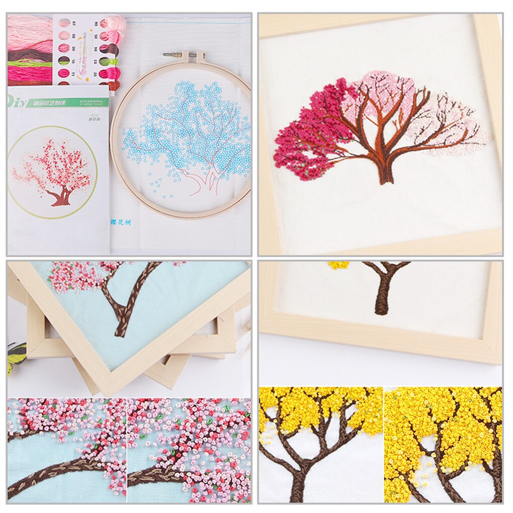 DIY Stamped Embroidery Starter Kit with Flowers Plants Pattern Embroidery Cloth Color Threads Tools Kit