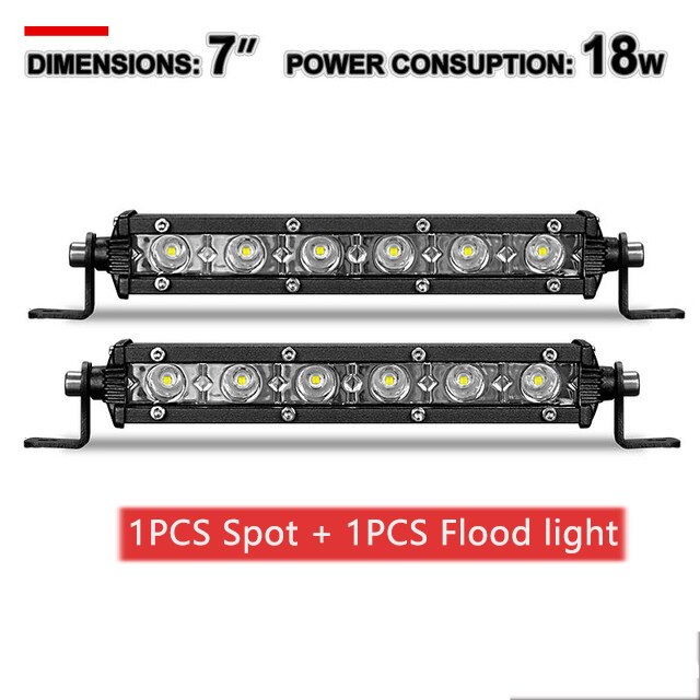 7 tum 18w smal led light bar flood spot led bar arbetslampa för jeep truck trailer offroad atv tv car 4wd driving: 1x översvämningar och 1x platser
