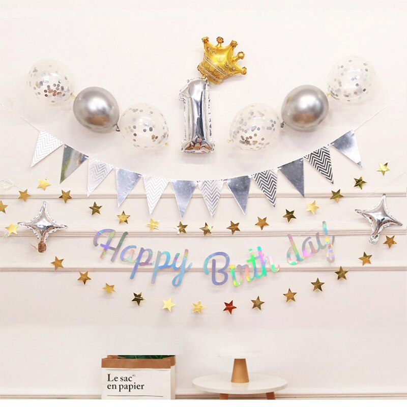 Birthday Banner Decoration Balloon Set Glitter Flag Baby Shower Ballons Girl Boy Foil Number Ballon Bunting Garland Flag: Silver / 9 years old