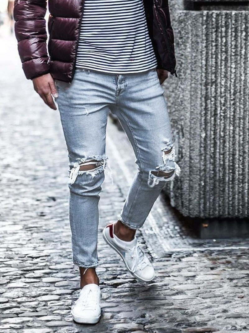 Mænd streetwear knæflækkede skinny jeans hiphop ødelagt hul ensfarvede mænds stretch denim bukser
