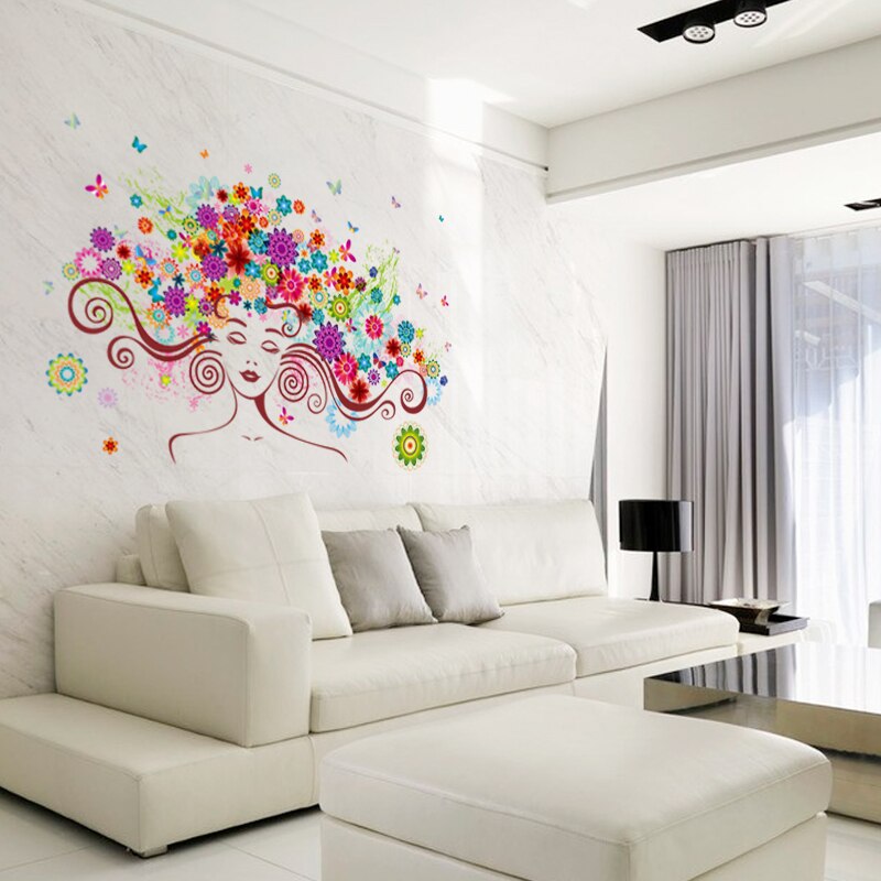 Mooie Vrouw Bloem Vlinders Muurstickers Slaapkamer Woonkamer Achtergrond Decoratie Home Decor Art Decals 3D Behang