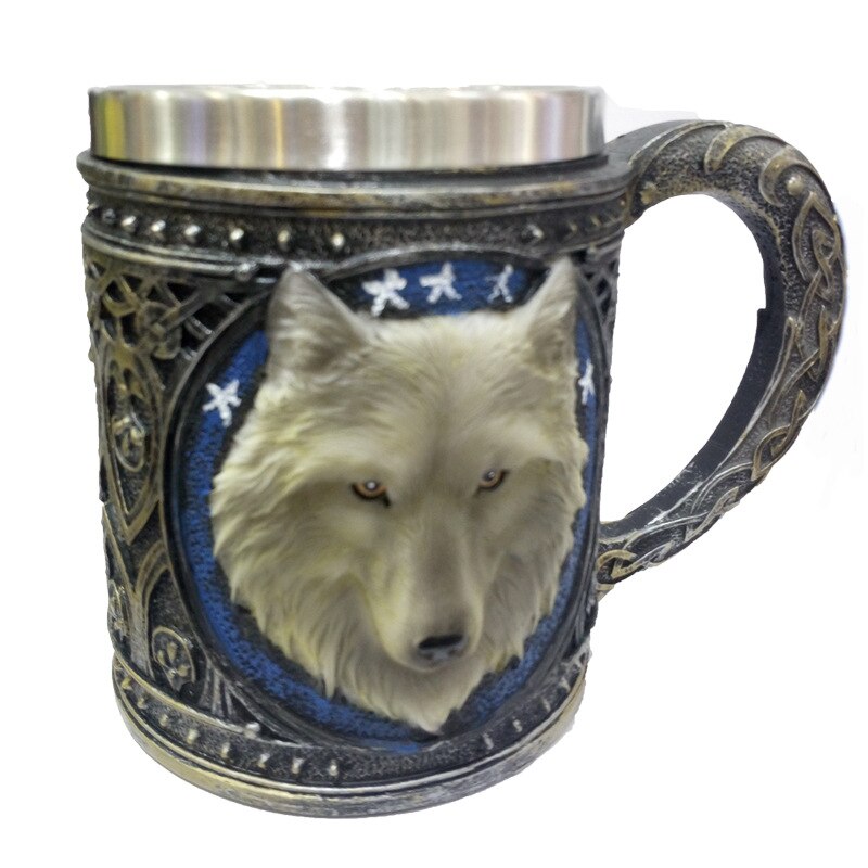3D Café Lait Tasse Résine Crâne Tasse Chope Frappant Guerrier de Crâne Chope Viking Crâne Chope de bière En Acier Inoxydable Verres: Wolf