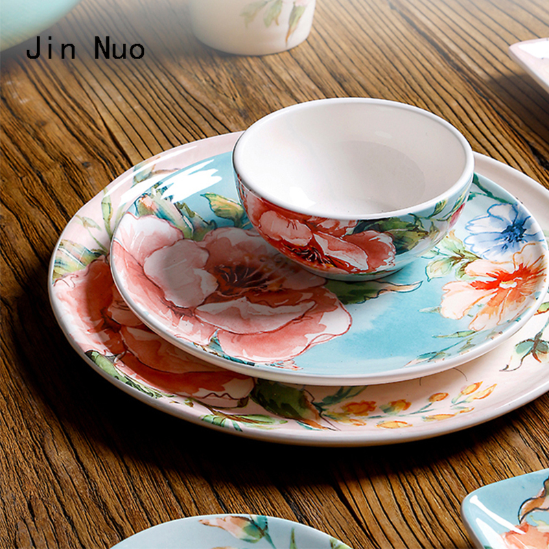 Underglaze Ceramic Plate French Home Rectangle Snack Tray Hand Painted Flower Decorate Dinner Plates Dining Table Decor