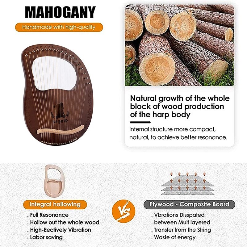 Lier Harp,19 Snaren Mahonie Lier Harp Snaarinstrument Met Stemsleutel Voor Muziek Liefhebbers Beginner,Etc