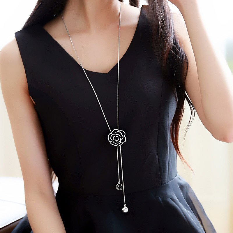Camellia Bloemen Luxe Trui Keten Sieraden Collier Femme Trui Ketting Lange Ketting Voor Vrouwen: Silver