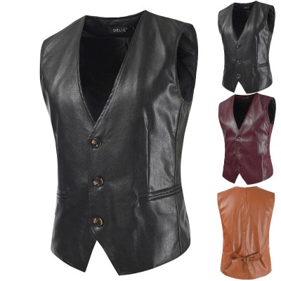 Chaleco de cuero de Color puro para hombre, chaqueta ajustada Simple, traje, MJ143,