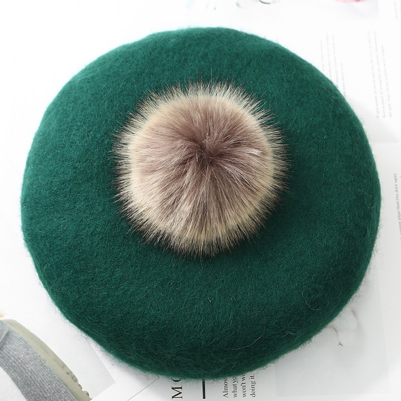 Vrouwelijke Winter Herfst Wollen Pompom Baret Hoed Effen Vrouwen Boina Franse Hoed Meisjes Outdoor Warm Baretten Schilder cap: Groen