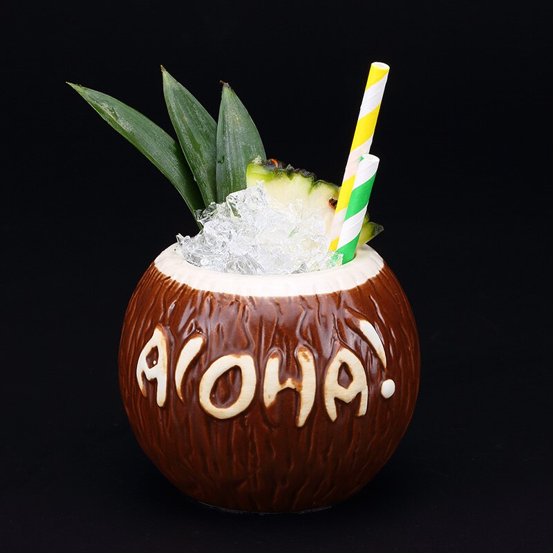 Hawaii Style 3D Coco Hollywood Bar TIKI Mug Handmade Ceramic Coconut Shell Cocktail Glass Cold-drink Shop Ice Cream Smoothie Cup