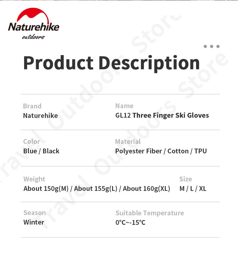Naturehike GL12 Drie Vinger Ski Handschoenen Verdikking Winter Warm Houden Pluche Antislip Waterdicht 3M Katoen Outdoor Fietsen 0 °C ~-15 °C