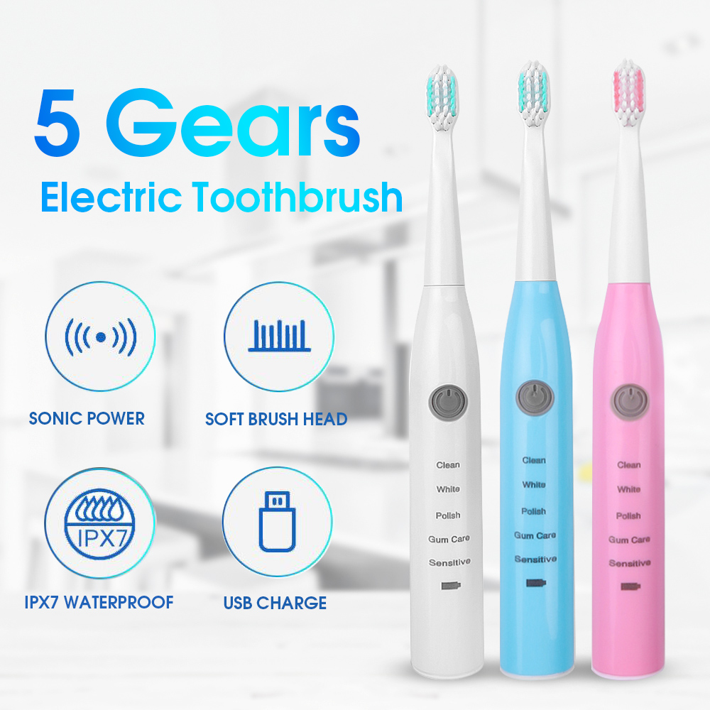 Kraftfuld elektrisk tandbørste genopladelig ultralyds sonisk usb-opladning vandtæt tænderbørste 5 tilstande hvidtænderværktøj.