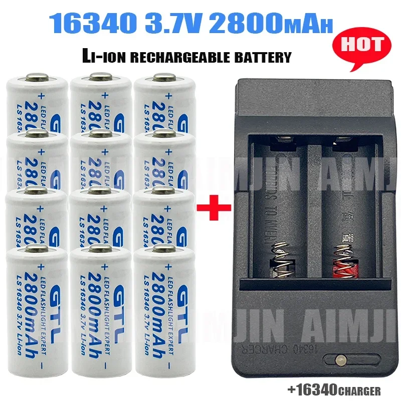 16340 genopladelige batterier,  cr123a batterier, 2800 mah , 3.7v li-ion med lcd dobbeltoplader, batteri, led-lommelygte, rejsevæglampe