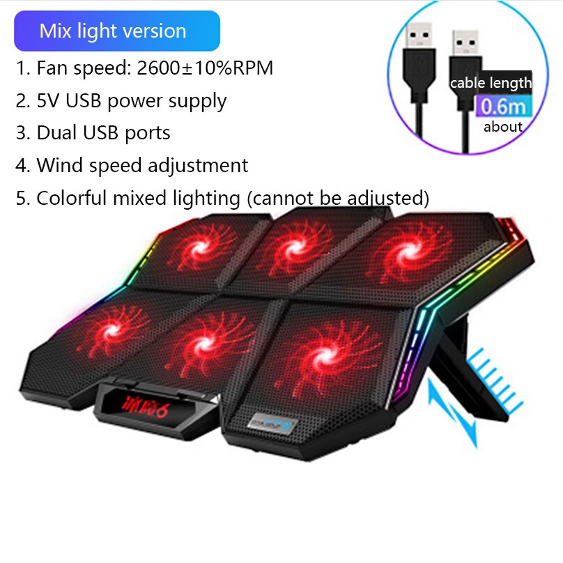 Coolcold 12-17 Inch RGB Gaming Laptop Cooler ,Six Fan Cooling Bracket With Led Screen,Notebook Cool Stand Two USB Ports: BM6 Mix Light