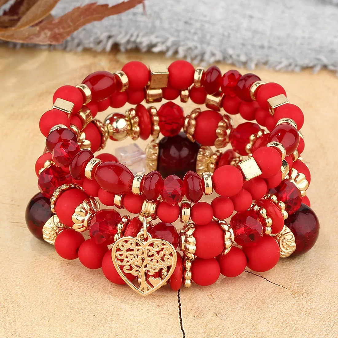 Conjunto de pulsera de cadena de cuentas acrílicas para mujer, brazalete elástico con dije de árbol de la vida, accesorios de joyería bohemia, 4 Uds.