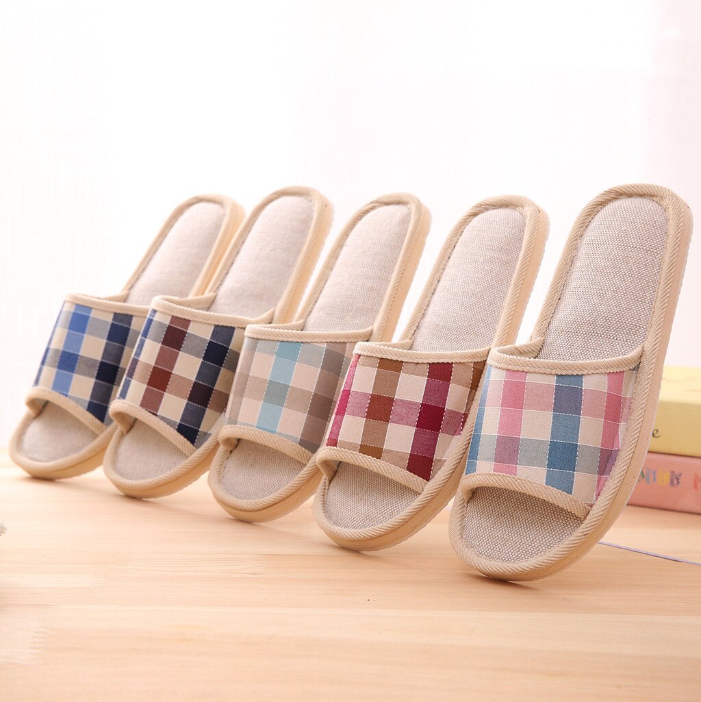 Zapatillas de mujer, zapatillas de tela de algodón para el hogar y el dormitorio, chanclas a cuadros para interior, zapatillas planas, zapatos para mujer A40