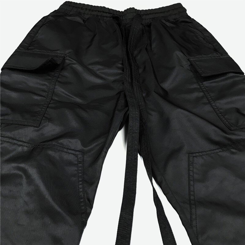 Men Side Snap Cargo Pants Hip Hop Slim Fit Ribboned Waistband Track Pants Black