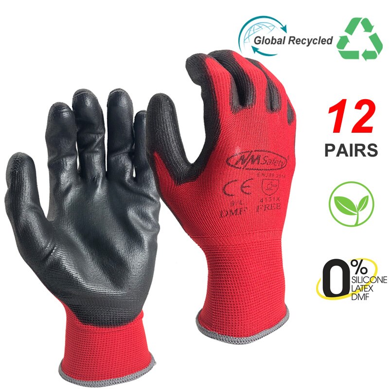 Guantes de trabajo de seguridad con manómetro 13, manoplas de nitrilo PU recubiertas de nailon rojo, 24 unidades/12 pares