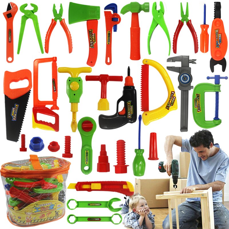 34 stk / sæt drenge legetøjsbygningsværktøj økse tømrer popsocket foregiver leg til børn uddannelsesmæssigt sæt: 34 stk