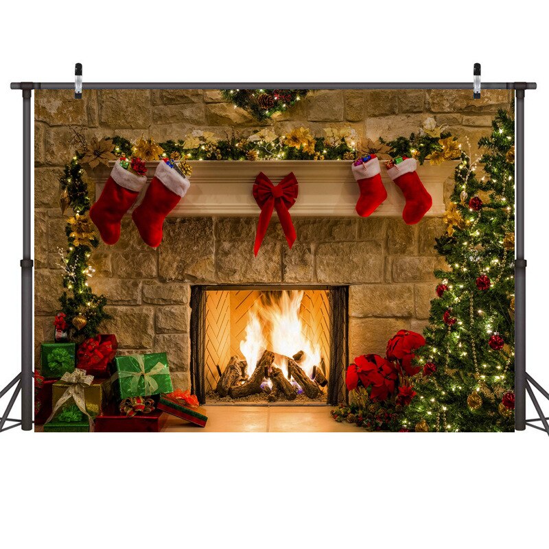 1Pc 3D árbol de Navidad y chimenea fotografía de fondo Cadena de luz de pared telones de fondo: Style2