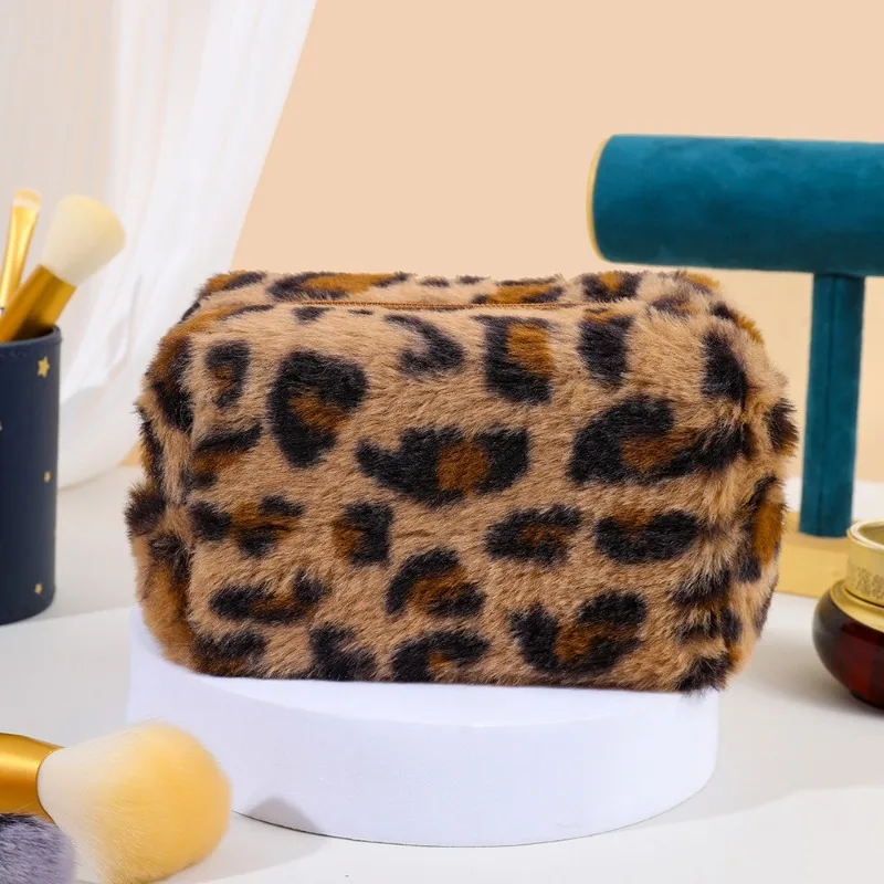 Leopard Fur Makeup Bags for Women Soft Travel Cosmetic Bag Organizer Case Lady Girls Make Up Case Necessaries Handbags Case