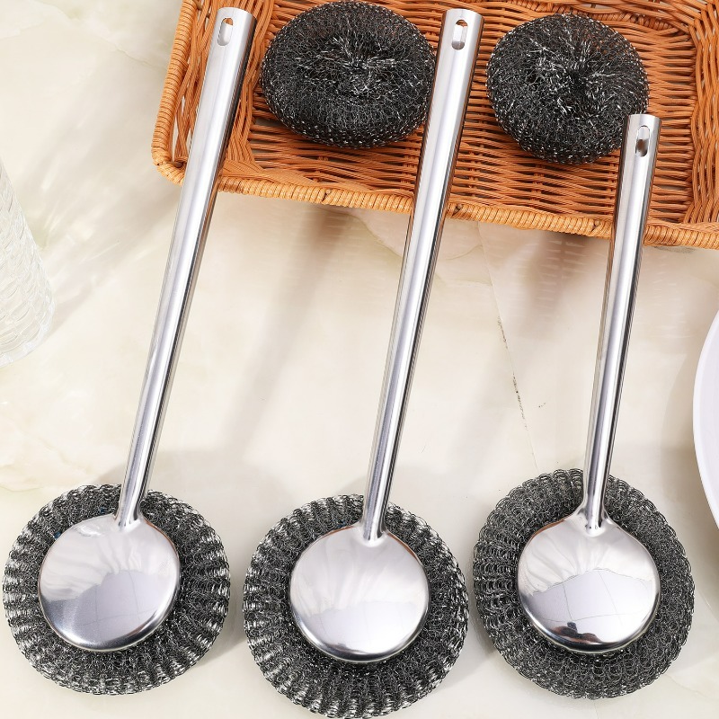 Steel Wool Scrubber with Handle Stainless Steel Pan Cleaner Scrubber with Long Short Handle Cleaning Brush Replaceable Wire Ball