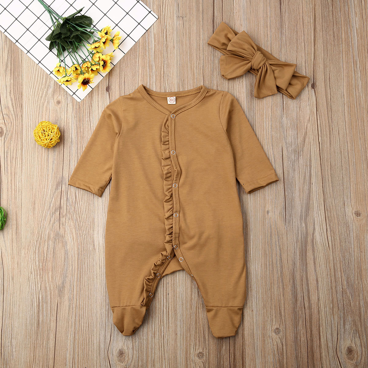 Pudcoco Mode 0-12M Pasgeboren Baby Baby Boy Meisje Katoenen Romper Lange Mouw Solid Jumpsuit Kleding Hoofdband 2 STUKS Outfit: B / 3M