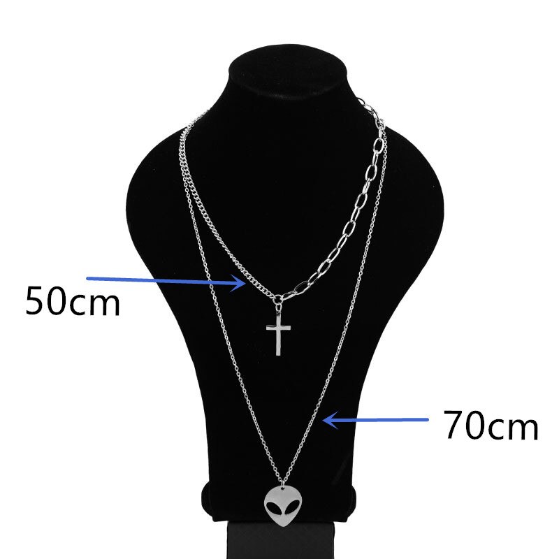 Punk Rock Stainless Steel Long Chain Double Layer Necklace Cross Alien Pendant Disco DJ Band Women Men Guys Necklaces Unisex