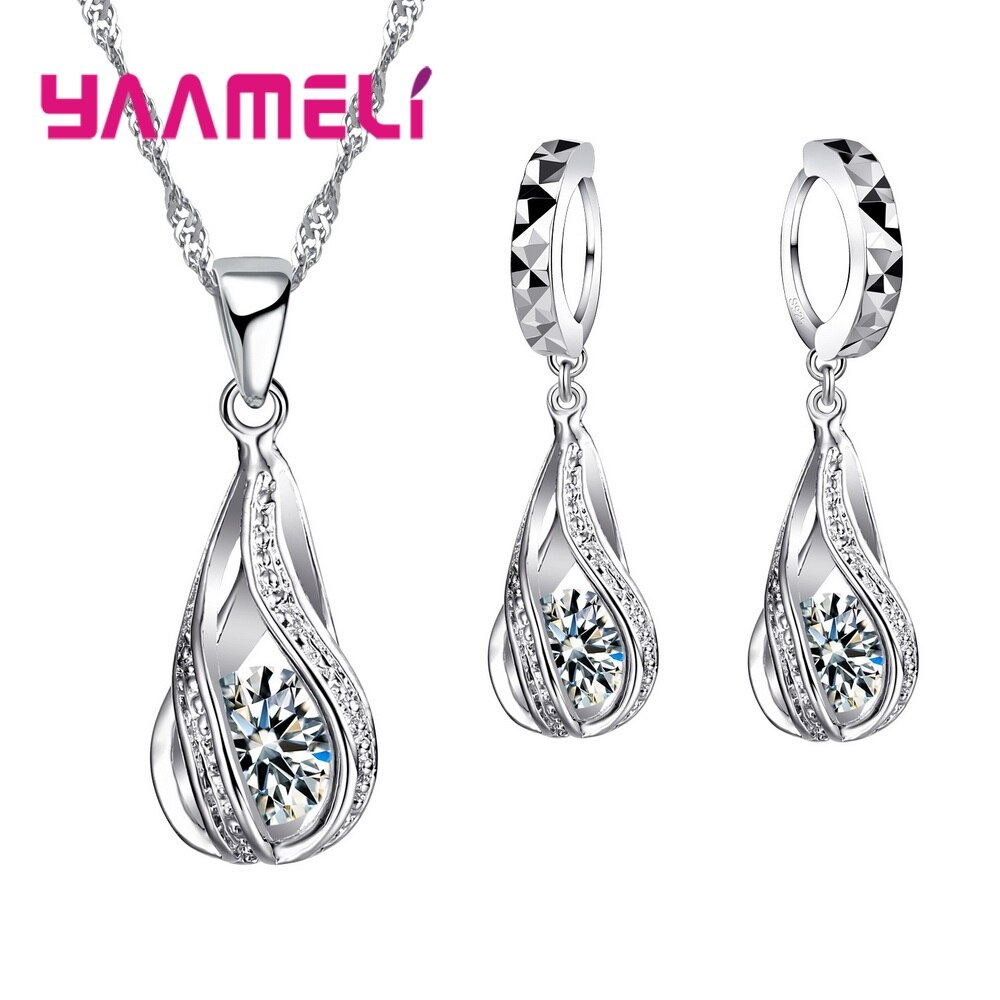 Muliple Colors 925 Sterling Silver Classic Shape Shinning Crystal Jewelry Sets Necklace Pendant Long Earrings Big