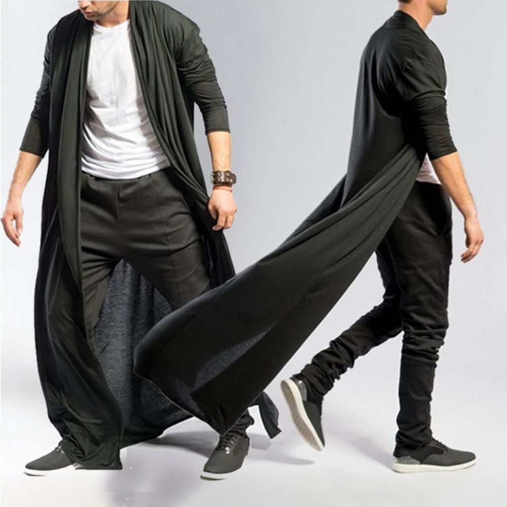 Mænd lang kappe frakke sjalkrave cardigan moderigtigt ensfarvet lange ærmer åben front lang længde drapering cape frakke