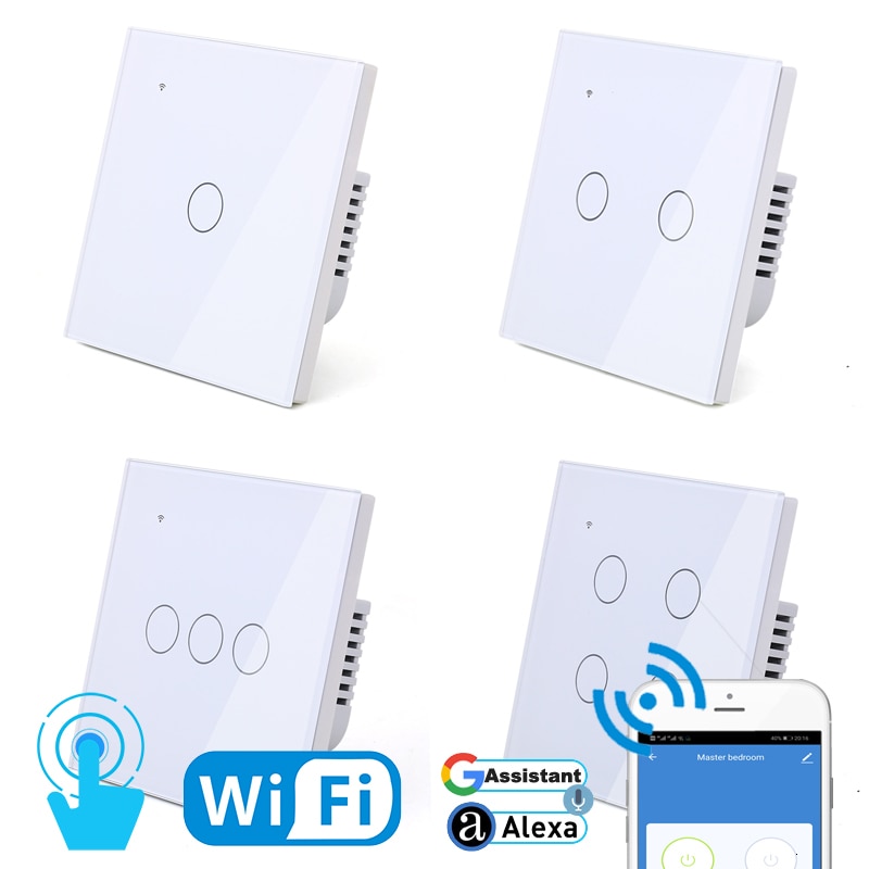 WIFI Touch Light Wall Switch White Glass Panel Blue LED EU & UK Universal Smart Home Phone Control 4 Gang 2 Way Round relay