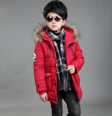 Chaquetas de invierno para niños, Parkas de plumón para niños de 5 a 15 años, abrigos con capucha, prendas de vestir de invierno con Cuello de piel: Rojo / 4
