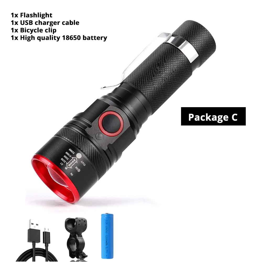 USB Charging LED Bicycle Light 3 Lighting Mode Zoomable Waterproof Portable Torch Powered By 18650 Battery with Free USB Cable: Package C
