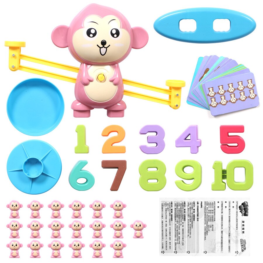 QWZ Montessori Math Animal Figure Digital Balance Scale Toy Educational Balancing Scale Number Board Game Kids Preschool Toys: Red monkey