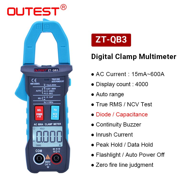 Outest true rms digital clamp meter dc / ac spænding vekselstrøm ampere ncv ohm tester amperemeter multimeter elektriker værktøj: Zt -qb3