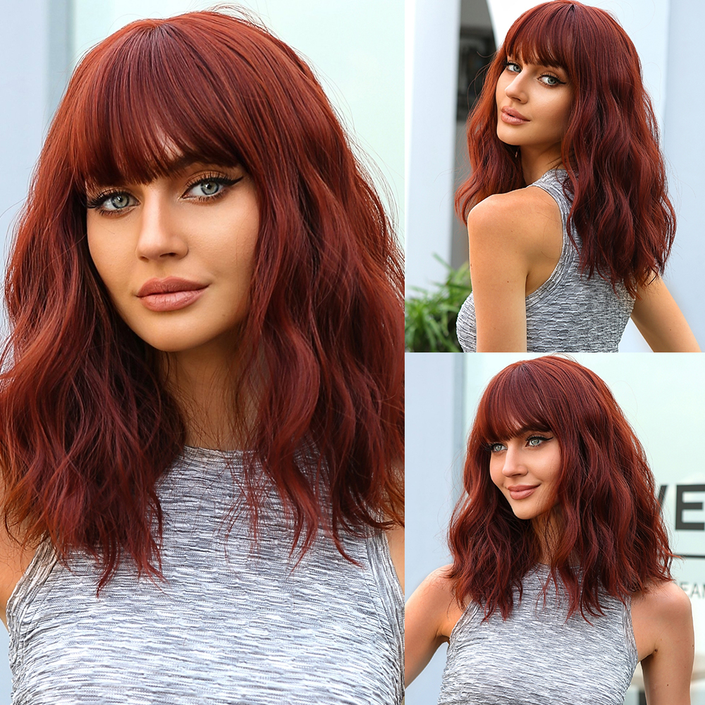 Pelucas sintéticas ombré marrón Rubio para mujer, pelo corto ondulado Bob con flequillo, onda corporal, Cosplay, Lolita, pelo Natural resistente al calor: T27 / 30 / 4