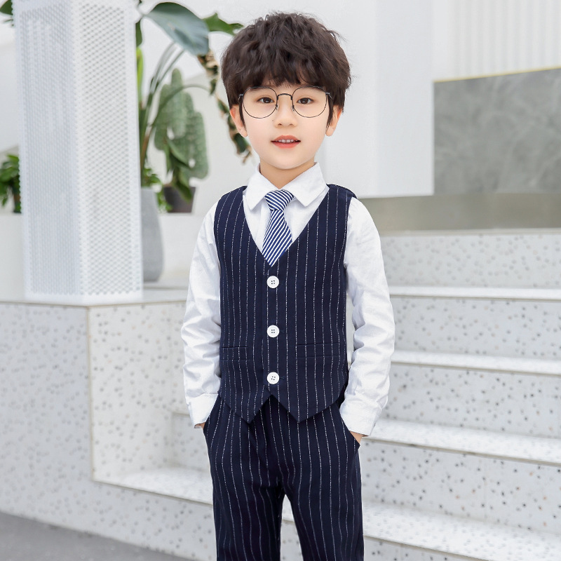 Boy Striped Suit Jacket Kids Formal Tuxedo Dress Double breasted Clothes Sets Child Wedding Morning Coat Blazer Pants Costumes