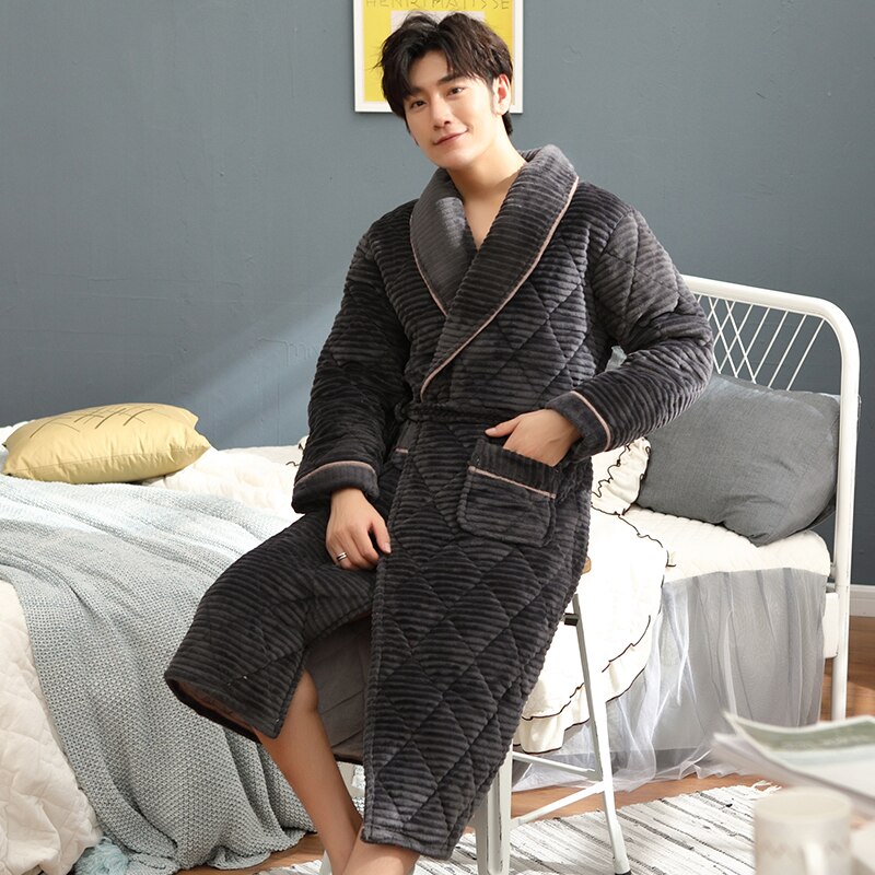 Homens Roupão de banho Casa de Banho Flanela Malha Acolchoado Robe Spa Longo Macio E Confortável Causal Sólida Masculino Robe L-XXXL