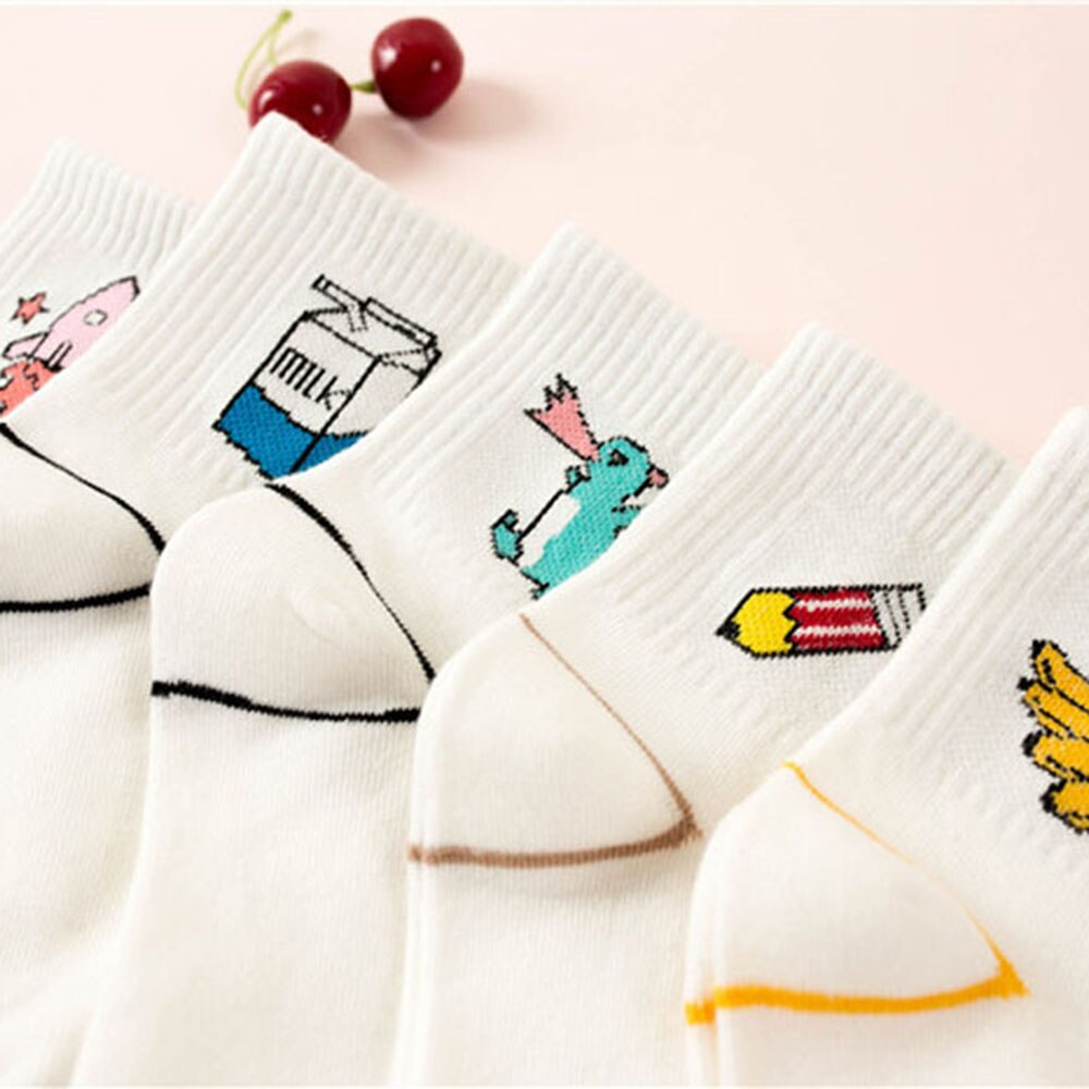 Women Socks Cartoon White Cute Banana Milk Dinosaur Cotton Warmth Long Socks Cute Funny Illustration Letter Socks