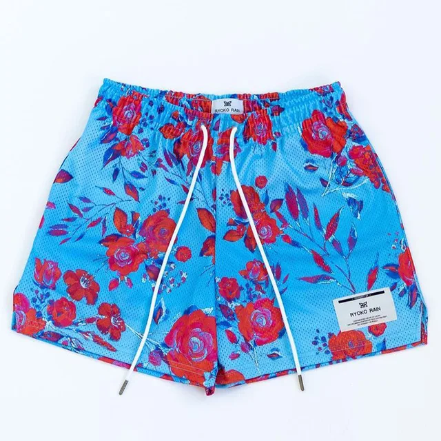 Sommarfitnessshorts i oljemålningsstil, sportiga meshshorts för herr/dam, sommarbasketträning, knäbyxor med kvartsstycke: M / Blå