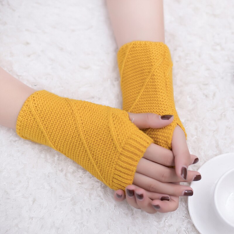 Femme mignon couleur unie gants doux au Crochet à tricoter épais hiver gants sans doigts demi doigt facile à taper gants extensibles: YELLOW