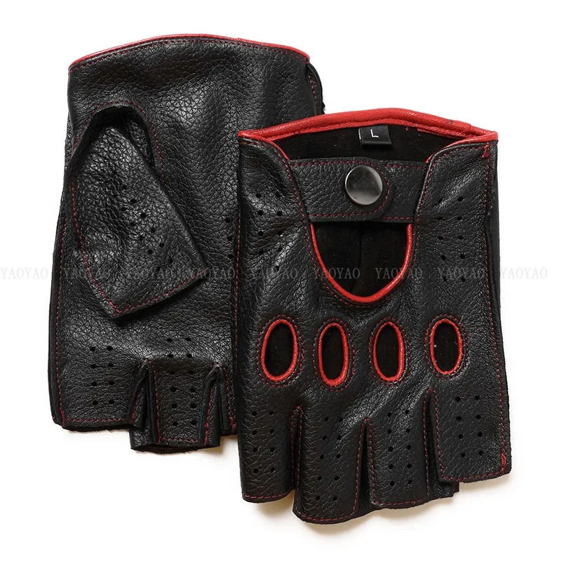 Guantes de cuero puro Real de para hombre, Guantes finos de medio dedo para Fitness, Guantes elegantes de dos colores para conducir, montar en gimnasio, sin forro: Negro / S