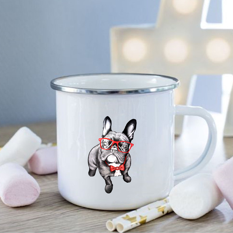 Taza de esmalte con estampado de Bulldog Francés, tazas creativas de café, bebidas, postres, desayuno, leche, tazas Vintage con asa, los mejores