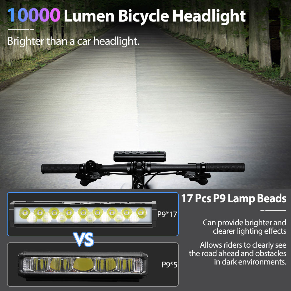 NEWBOLER Fahrrad Licht Vorne 10000 Lumen Fahrrad Licht 10000 mAh Wasserdichte Taschenlampe USB Ladung MTB Rennrad Lampe Zubehör