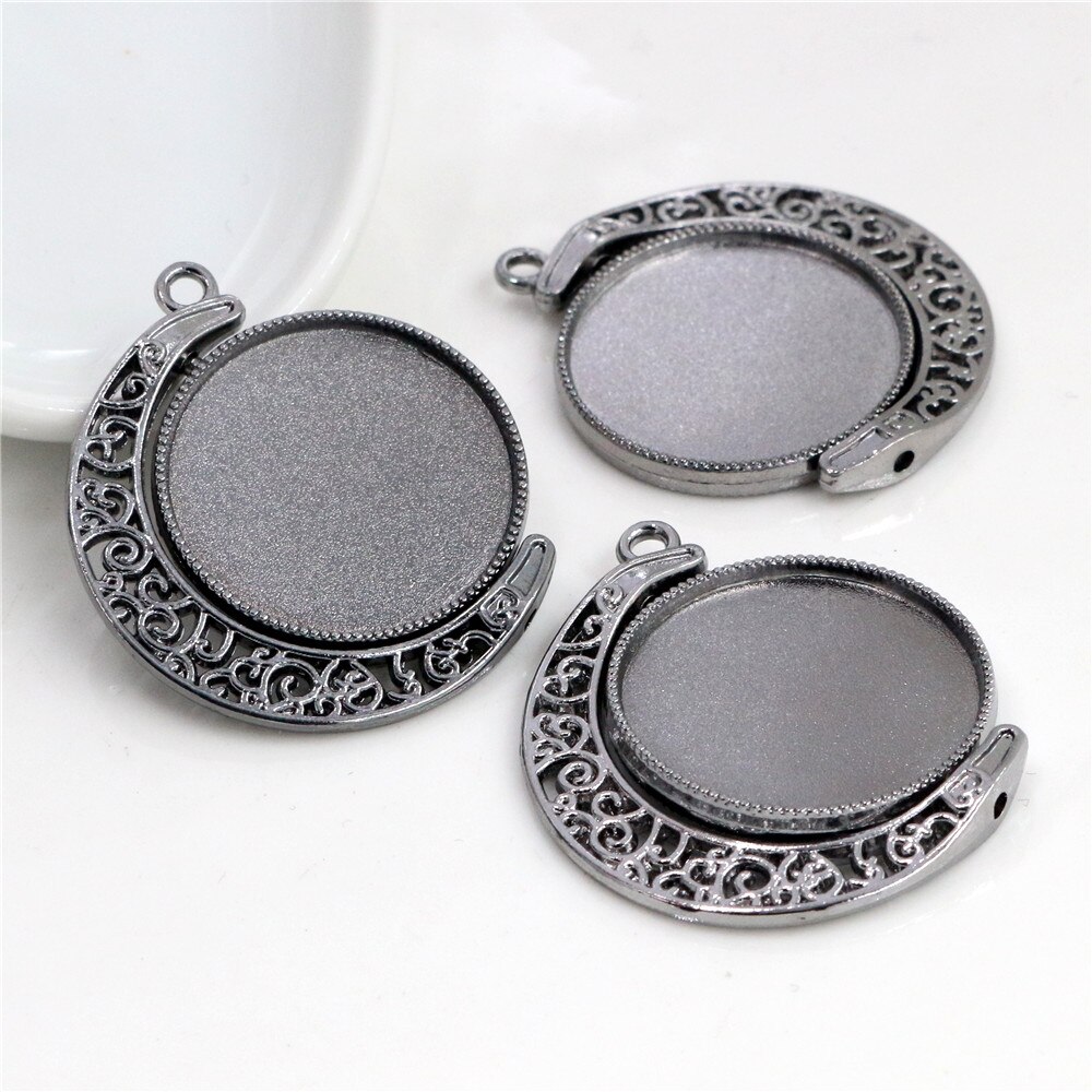 5pcs 18mm 25mm Inner Size Moon Rotation Double Side Antique Silver Plated 7 Colors Cameo Cabochon Base Setting Charms Pendant: Gun Black / Inner Size 25mm