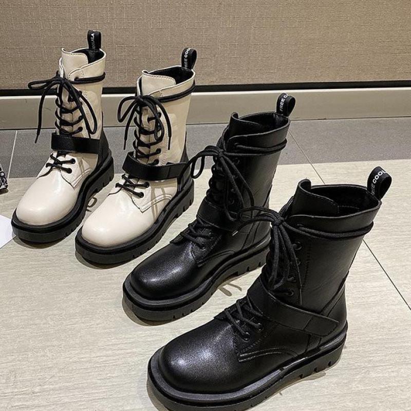 Mid-calf støvler komfortable sko elegante snøre platform støvler efterår all-match britisk vind pu læder kvinde krydsbundet