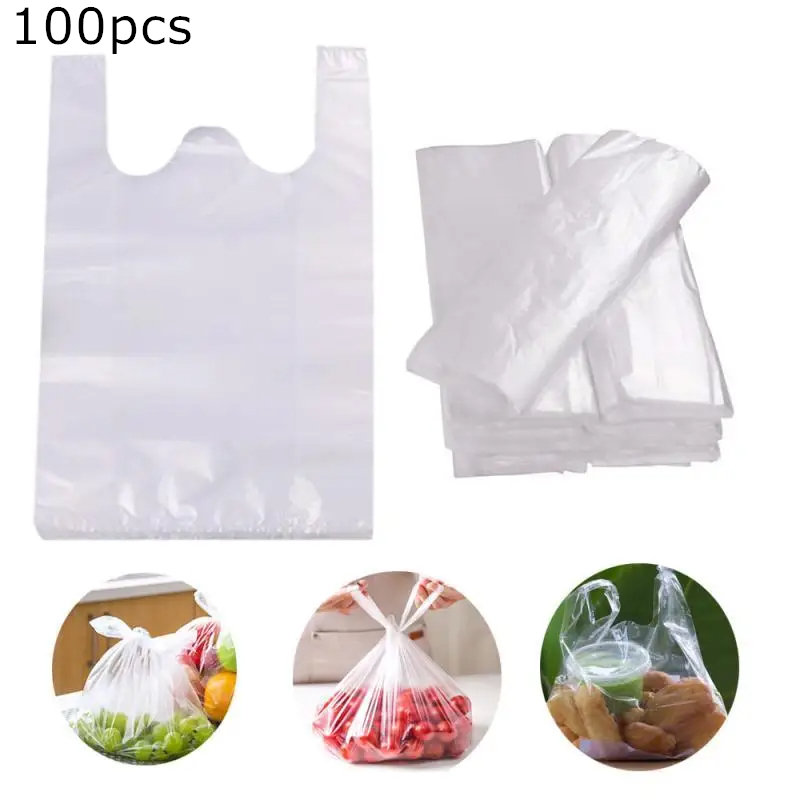 Bolsa de compras de plástico, 100 Uds., bolsas transparentes para supermercado con asa, embalaje de alimentos
