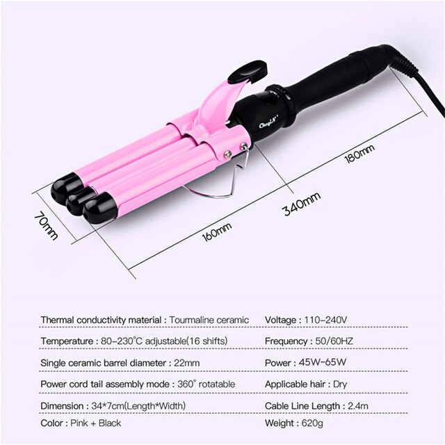 22mm 25mm 32mm 3 Barrels Hair Curler Wave Curler Ceramic Curling Iron LCD Display Perm Splint Roller Big Wave Hair Styling Tool: 22mm